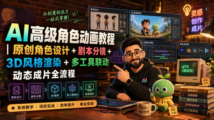 AI高级角色动画教程｜原创角色设计+剧本分镜+3D风格渲染+多工具联动动态成片全流程【中英字幕】-零创仓