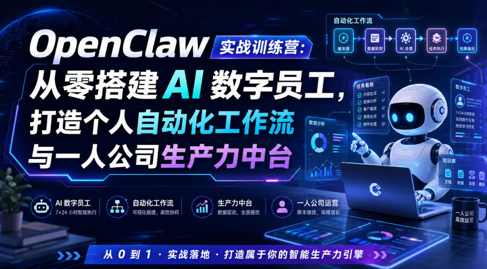 OpenClaw实战训练营：从零搭建AI数字员工，打造个人自动化工作流与一人公司生产力中台-零创仓