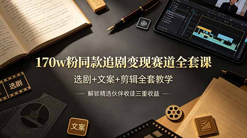 170w粉博主同款追剧变现赛道全套课，选剧+文案+剪辑全套教学，解锁精选伙伴收徒三重收益-零创仓