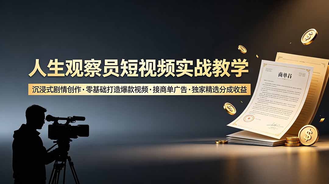 人生观察员短视频实战教学，沉浸式剧情创作，零基础打造爆款视频，接商单广告，独家精选分成收益-零创仓
