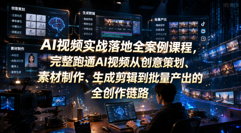 AI视频实战落地全案例课程，完整跑通AI视频从创意策划、素材制作、生成剪辑到批量产出的全创作链路-零创仓