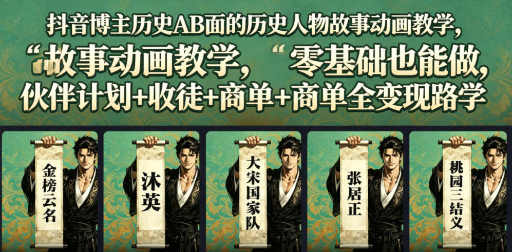 抖音博主历史AB面的历史人物故事动画教学,零基础也能做,伙伴计划+收徒+商单全变现路径教学-零创仓