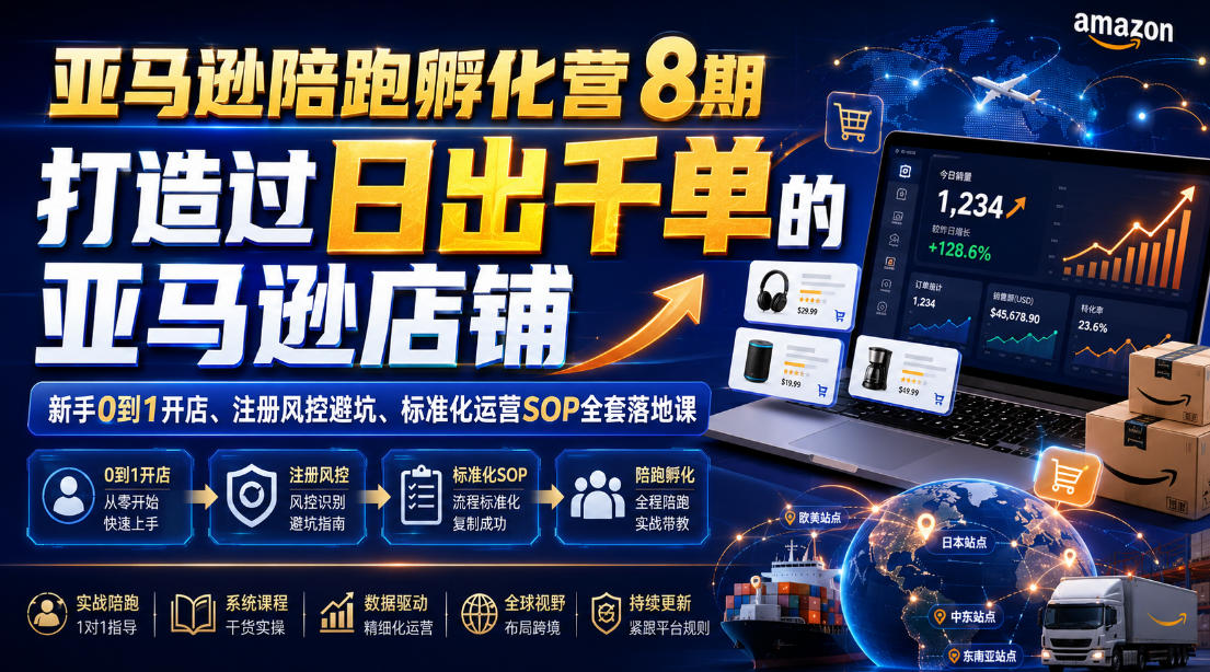 亚马逊陪跑孵化营8期，打造过日出千单的亚马逊店铺，新手0到1开店、注册风控避坑、标准化运营SOP全套落地课-零创仓