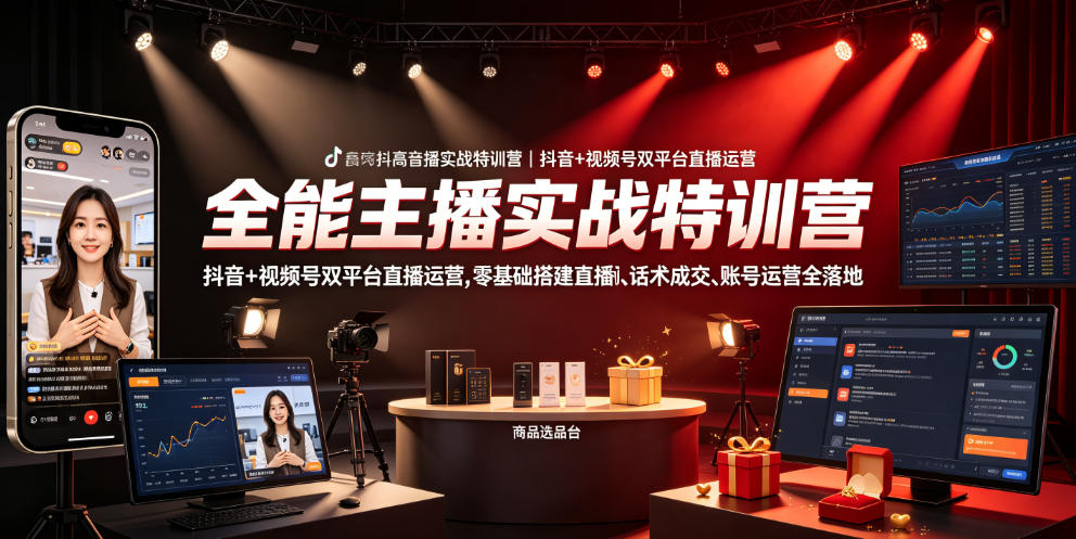 全能主播实战特训营｜抖音+视频号双平台直播运营，零基础搭建直播间、精准选品、话术成交、账号运营全落地-零创仓