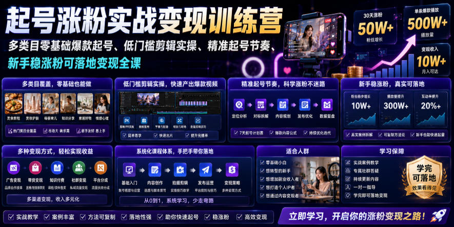 苗子起号涨粉实战变现训练营，多类目零基础爆款起号、精准起号节奏、新手稳涨粉可落地变现全课-零创仓