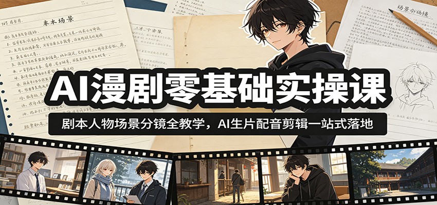 AI漫剧零基础实操课：剧本人物场景分镜全教学，AI生片配音剪辑一站式落地-零创仓