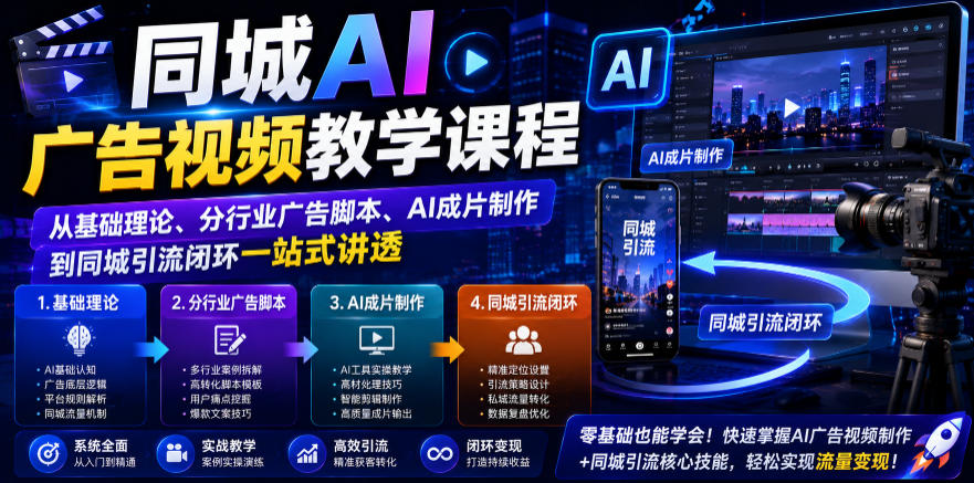 同城AI广告视频教学课程，从基础理论、分行业广告脚本、AI成片制作到同城引流闭环一站式讲透-零创仓