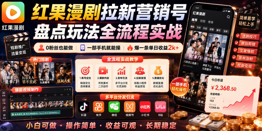 红果漫剧拉新营销号盘点玩法全流程实战，0粉丝也能做，一部手机就能做，爆一条单日收益2k+(更新0628)-零创仓