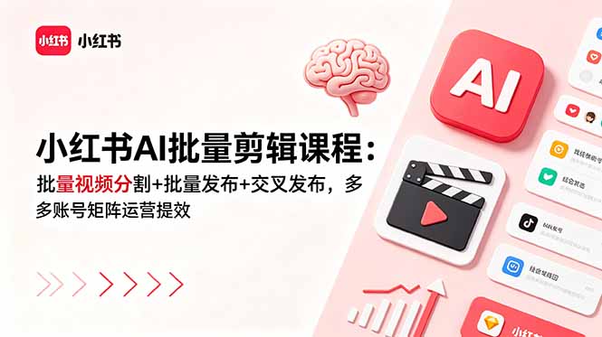 小红书AI批量剪辑课程：批量视频分割+批量发布+交叉发布，多账号矩阵运营提效-零创仓