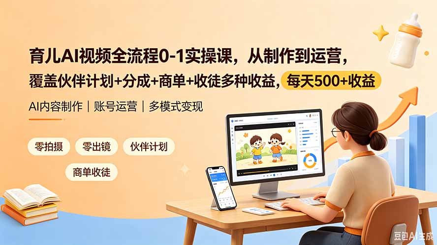 育儿AI视频全流程0-1实操课,从制作到运营,覆盖伙伴计划+分成+商单+收徒多种收益,每天500+收益-零创仓