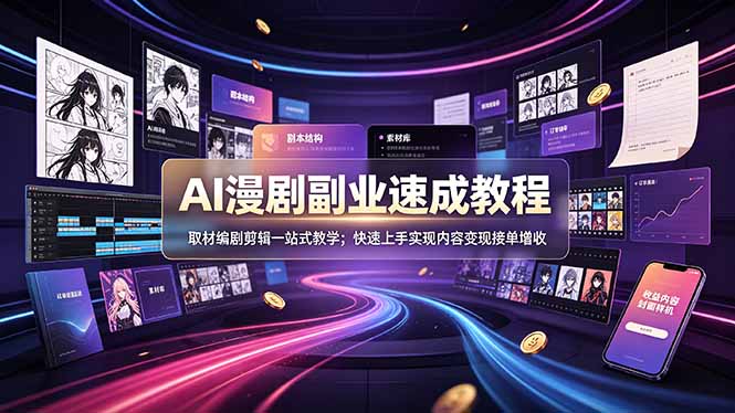 AI漫剧副业速成教程，取材编剧剪辑一站式教学；快速上手实现内容变现接单增收-零创仓