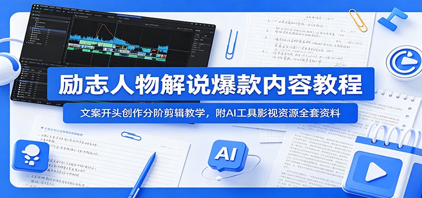 励志人物解说爆款内容教程：文案开头创作分阶剪辑教学，附AI 工具影视资源全套资料-零创仓