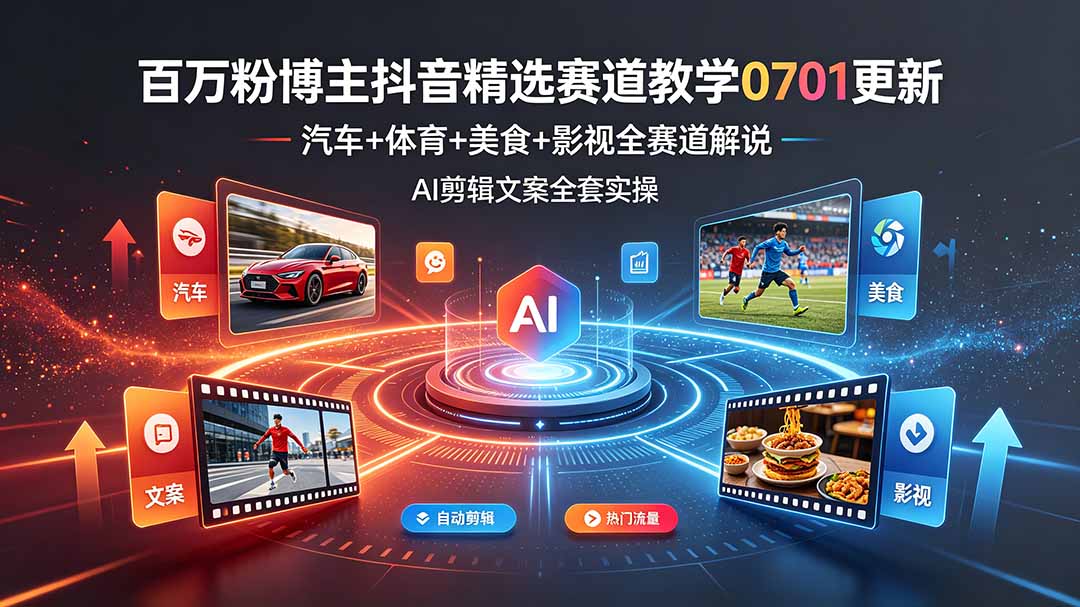 百万粉博主抖音精选赛道教学-0701更新，汽车+体育+美食+影视全赛道解说，AI剪辑文案全套实操-零创仓