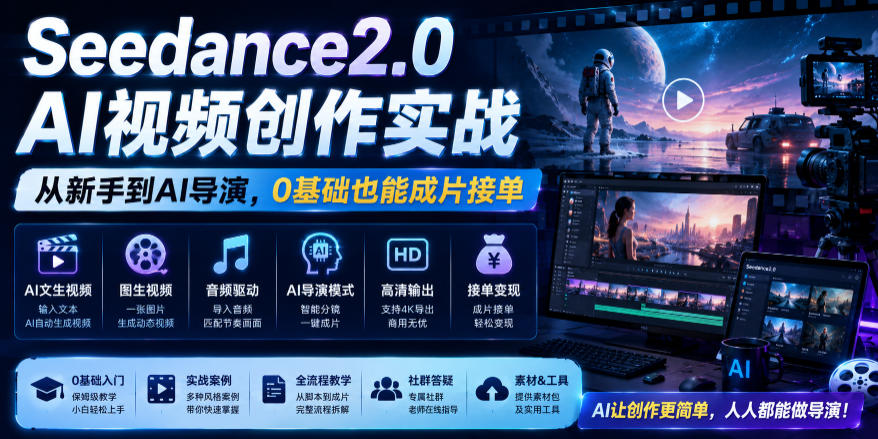 Seedance2.0 AI视频创作实战,从新手到AI导演,0基础也能成片接单变现-零创仓