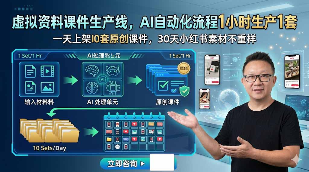 虚拟资料课件生产线，AI自动化流程1小时生产1套，一天上架10套原创课件，30天小红书素材不重样-零创仓