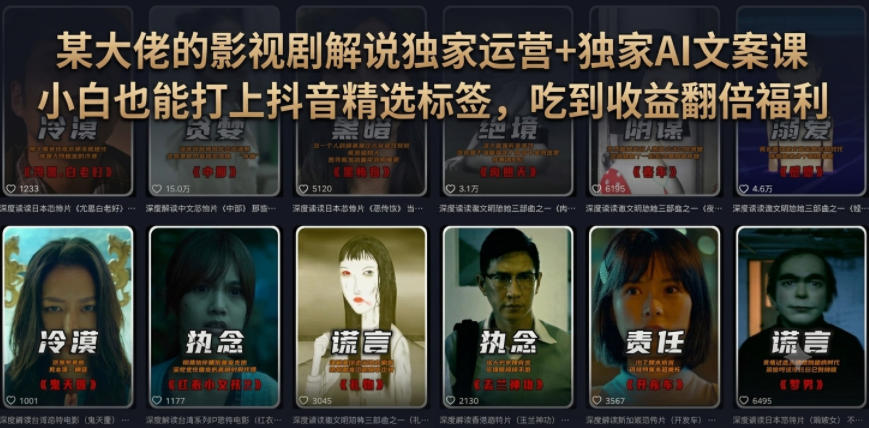某大佬的影视剧解说独家运营+独家AI文案课，小白0粉丝也能快速打上抖音精选标签、吃到收益翻倍福利-零创仓