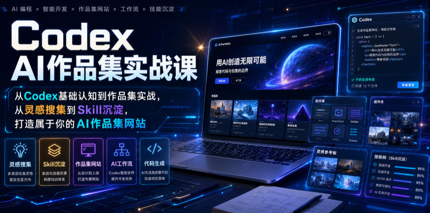 Codex AI作品集实战课，从Codex基础认知到作品集实战，从灵感搜集到Skill沉淀，打造属于你的AI作品集网站-零创仓