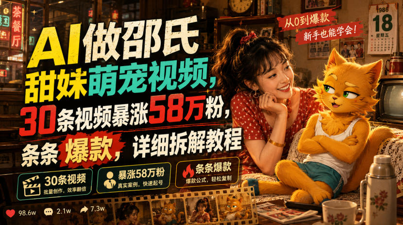 AI做邵氏甜妹萌宠视频，30条视频暴涨58万粉，条条爆款，详细拆解教程-零创仓