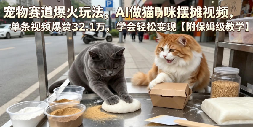宠物赛道爆火玩法,AI做猫咪摆摊视频,单条视频爆赞32.1万,学会轻松变现【附保姆级教学】-零创仓