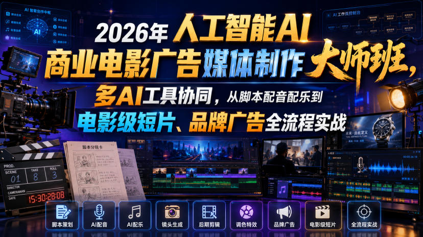 2026年人工智能AI商业电影广告媒体制作大师班，多AI工具协同，从脚本配音配乐到电影级短片、品牌广告全流程实战(中英字幕)-零创仓