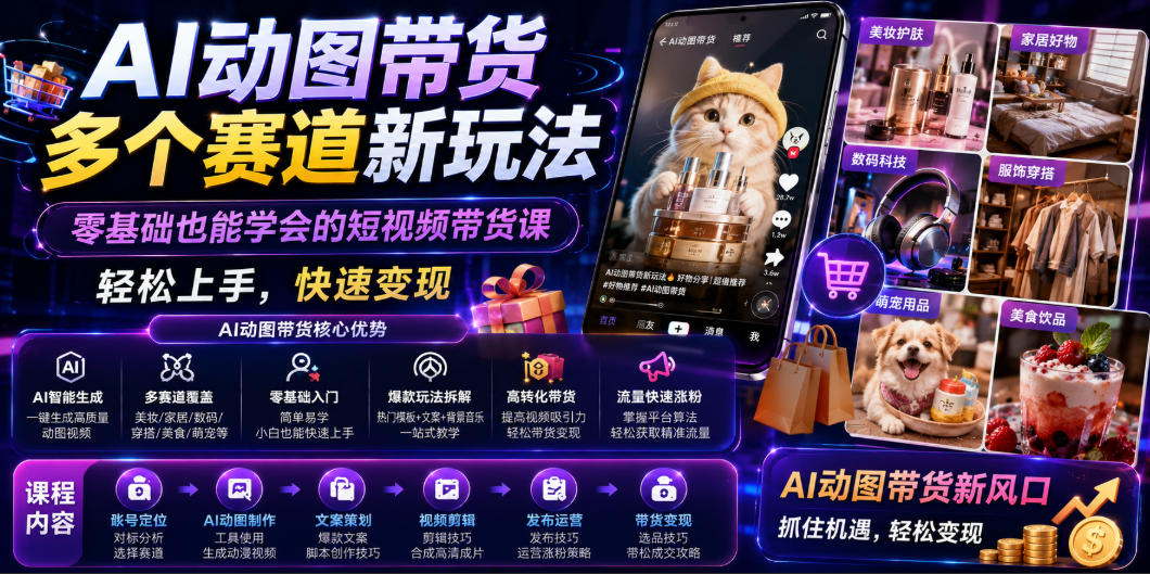 AI动图带货多个赛道新玩法，零基础也能学会的短视频带货课，轻松上手，快速变现-零创仓