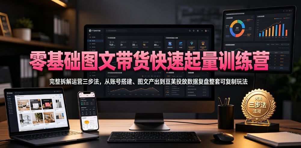 零基础图文带货快速起量训练营，完整拆解运营三步法，从账号搭建、图文产出到豆荚投放数据复盘整套可复制玩法-零创仓