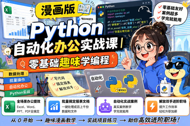 漫画版Python自动化办公实战课｜零基础趣味学编程，全场景办公提效、批量搞定报表文档、解放双手进阶职场-零创仓