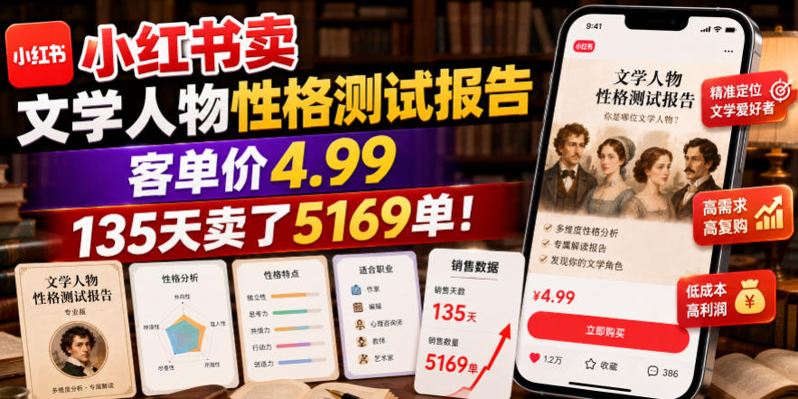 小红书卖文学人物性格测试报告，客单价4.99，135天卖了5169单！-零创仓