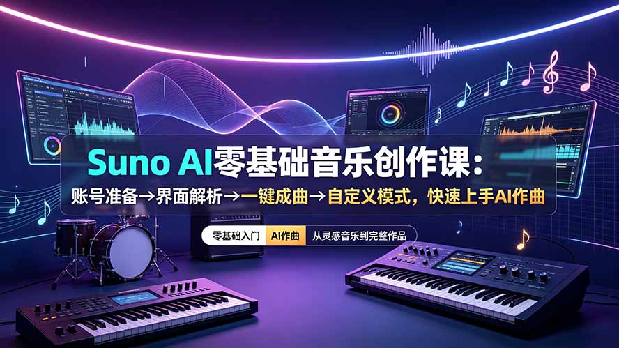 Suno AI零基础音乐创作课：账号准备→界面解析→一键成曲→自定义模式，快速上手AI作曲-零创仓